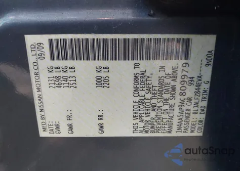 2010 Nissan Maxima 3.5 Sv из США, поврежденный, VIN 1N4AA5AP9AC809979